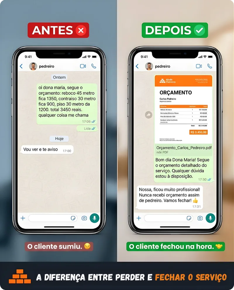 Antes: orçamento por mensagem e o cliente sumiu. Depois: orçamento em PDF e o cliente fechou na hora. A diferença entre perder e fechar o serviço.