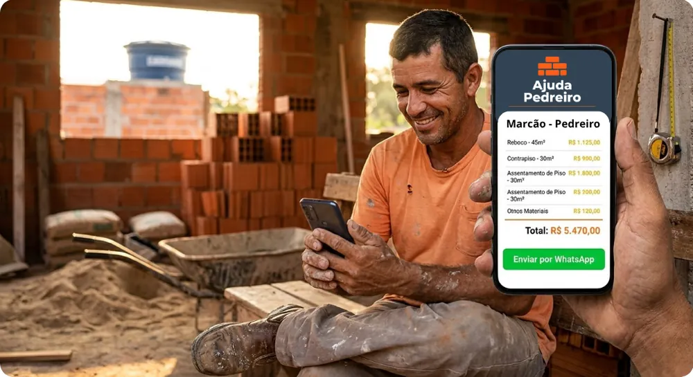 Pedreiro tranquilo usando o aplicativo, com o orçamento pronto na tela