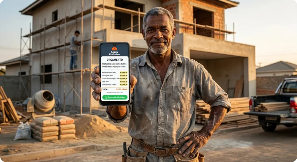 Pedreiro experiente mostrando o orçamento no celular em frente à obra
