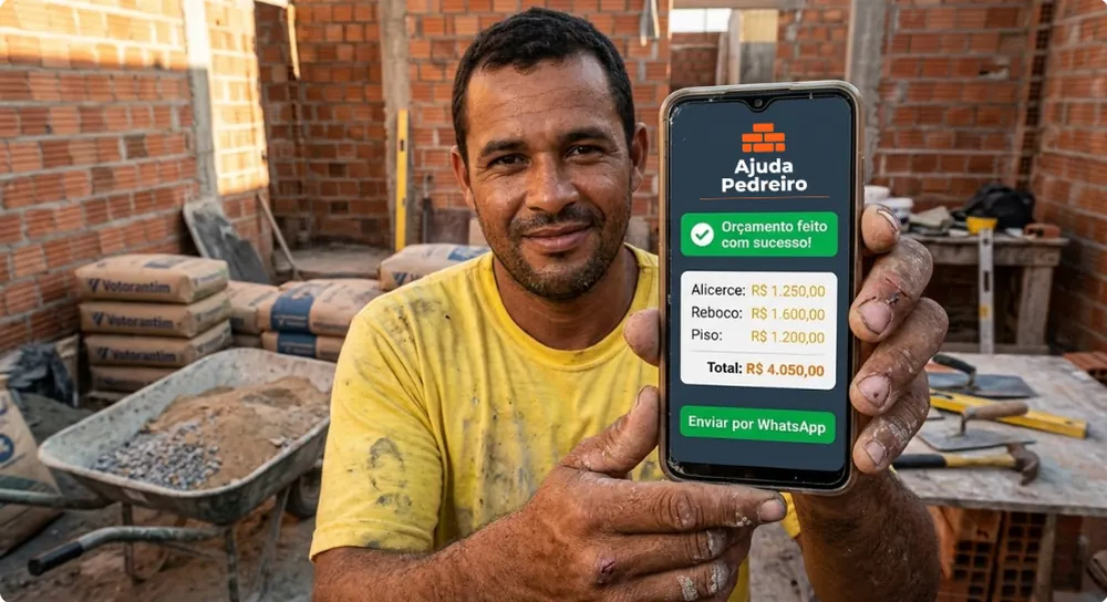 Pedreiro mostrando o orçamento pronto no celular