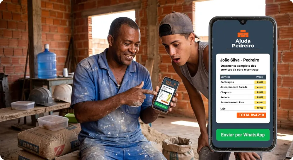 Pedreiro mostrando o orçamento pronto no celular para o cliente