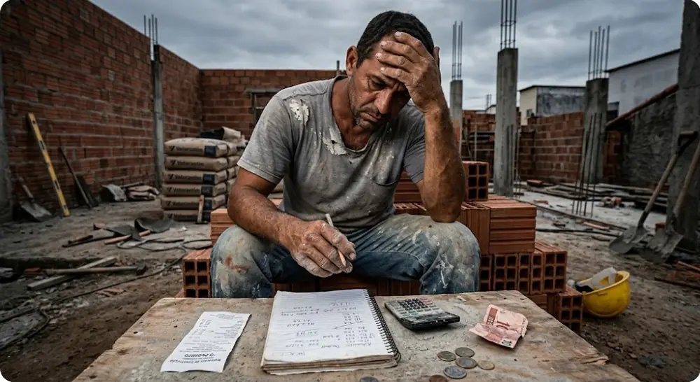 Pedreiro cansado fazendo conta no caderno na obra