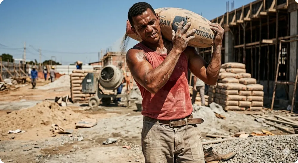 Pedreiro carregando um saco de cimento na obra