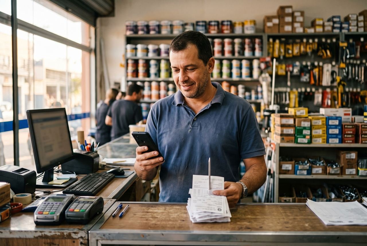 Comerciante no balcão de uma loja de materiais de construção, com o celular em uma mão e uma pilha de notas fiscais na outra