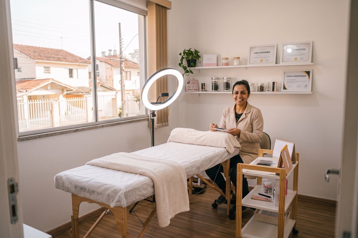 Lash designer aplicando extensão de cílios em uma cliente deitada na maca do estúdio